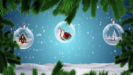Animation-of-fir-trees-and-christmas-baubles-over-snow-falling