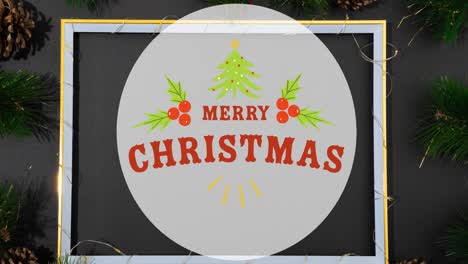 Animation-of-merry-christmas-in-circle-over-christmas-decorations-on-black-background
