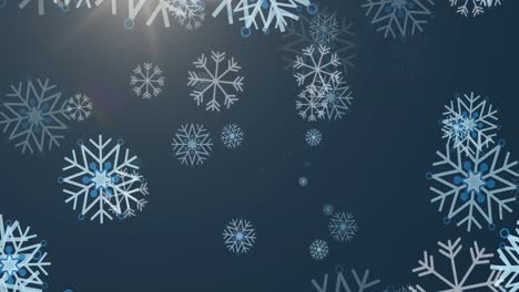 Animation-Von-Weihnachtsschneeflocken,-Die-Auf-Blauen-Hintergrund-Fallen