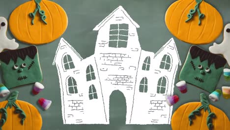 Animación-De-Calabazas-E-íconos-De-Casas-En-Halloween