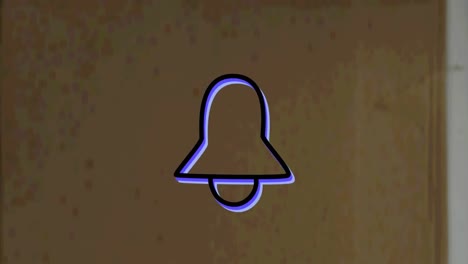 Digital-animation-of-neon-green-notification-bell-icon-against-textured-wooden-background