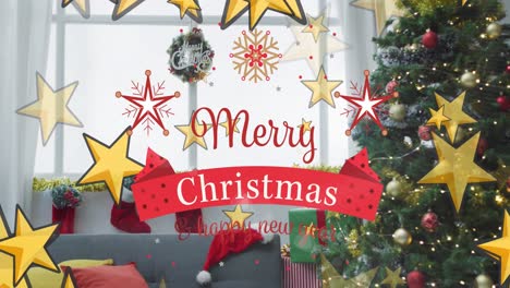 Animación-Del-Texto-De-Saludos-De-Feliz-Navidad-Sobre-El-árbol-De-Navidad-Y-Las-Decoraciones.