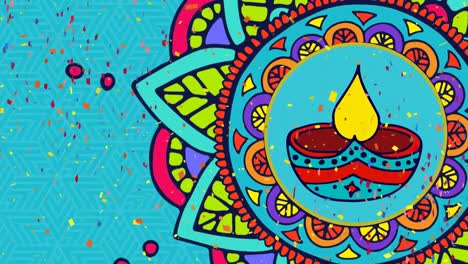 Animation-of-colorful-confetti-and-candle-in-mandala-over-blue-background