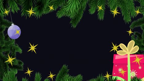 Animation-of-fir-trees-and-christmas-decorations-over-stars-falling