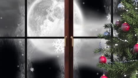 Animación-De-Nieve-Cayendo-Sobre-La-Luna-Y-El-árbol-De-Navidad.