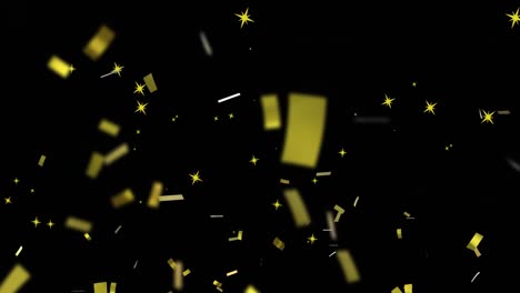 Animation-Von-Konfetti-Und-Sternen-Auf-Schwarzem-Hintergrund