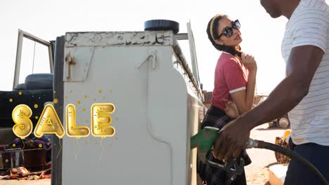 Animation-of-sale-text-in-gold-over-diverse-man-and-woman-using-fuel-pump-at-petrol-station