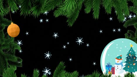 Animation-of-fir-trees-and-christmas-decorations-over-snow-falling