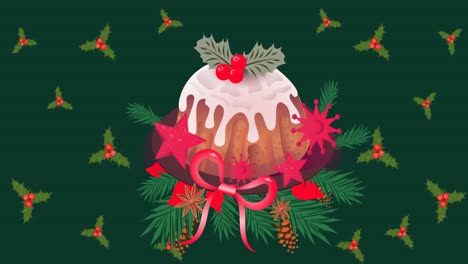 Animation-of-christmas-cake-over-leaves-on-green-background
