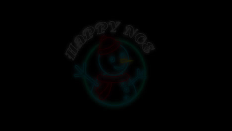 Animation-of-neon-christmas-snowman-in-circle-and-happy-noel-on-black-background