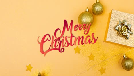Animation-of-merry-christmas-text,-present-and-baubles-on-yellow-background