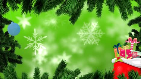 Animation-of-fir-trees-and-christmas-decorations-over-snow-falling
