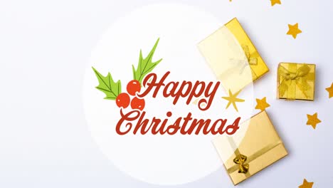Animation-of-happy-christmas-in-circle-over-presents-on-white-background