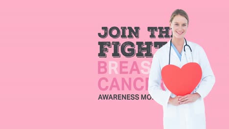 Animation-of-breast-cancer-awareness-text-over-smiling-caucasian-female-doctor
