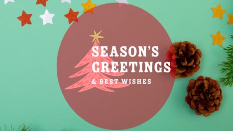Animation-of-seasons-greetings-and-best-wishes-over-christmas-decorations-on-green-background
