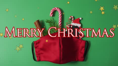 Animation-of-merry-christmas-greetings-text-over-red-face-mask-and-christmas-decorations