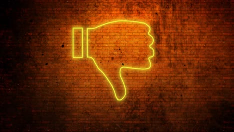 Animation-of-glowing-neon-thumbs-down-icon-on-brick-wall