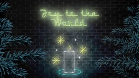 Animation-of-joy-to-the-world-text-at-christmas-over-fir-trees-and-candle