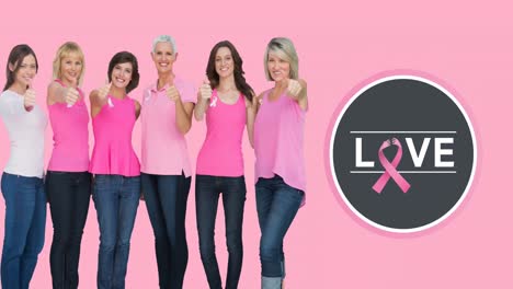 Animation-of-breast-cancer-awareness-text-over-smiling-diverse-women