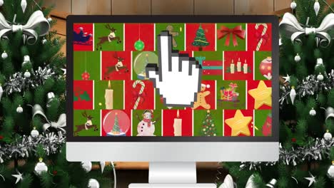 Animation-of-christmas-decorations-on-computer-over-christmas-trees
