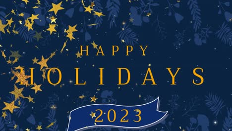 Animation-of-happy-holidays-text-at-christmas-over-leaves-and-stars-falling