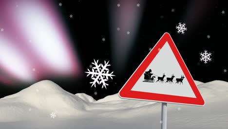 Animación-De-Nieve-Cayendo-En-Navidad-Sobre-Un-Cartel-Con-Papá-Noel-En-Trineo.