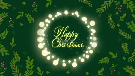 Animation-of-happy-christmas-text-over-leaves-and-ligh-spots
