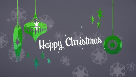 Animation-of-happy-christmas-text-over-baubles-and-snow-falling