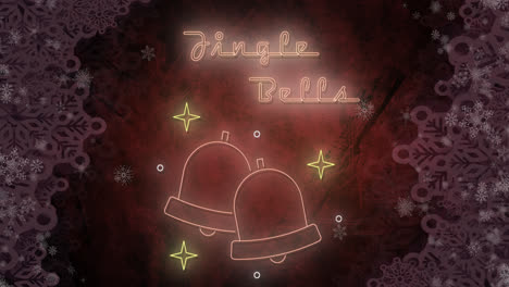 Animation-of-jingle-bells-text-at-christmas-over-bells-and-snow-pattern