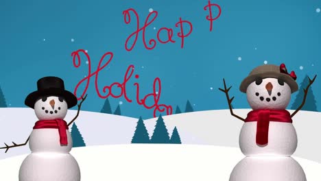 Animation-of-happy-holidays-text-at-christmas-over-snowmen-and-snow-falling