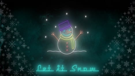 Animation-of-let-it-snow-text-at-christmas-over-snowman-and-winter-scenery