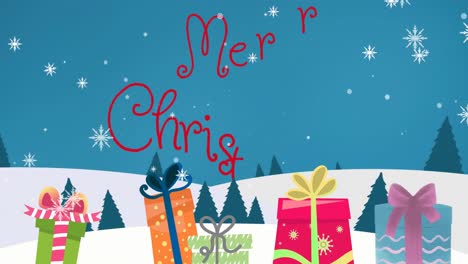 Animation-of-merry-christmas-text-over-presents-and-snow-falling