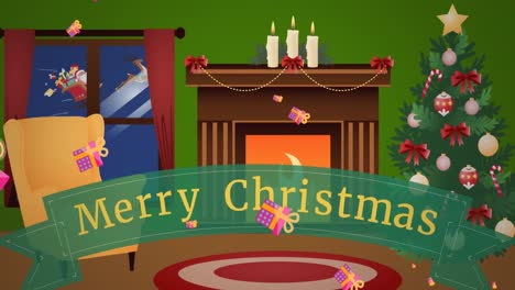 Animación-De-Texto-De-Feliz-Navidad-Sobre-Casa-Decorada