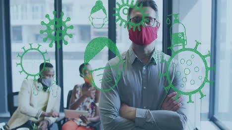 Animation-of-virus-icons-over-diverse-business-people-with-face-masks-at-meeting