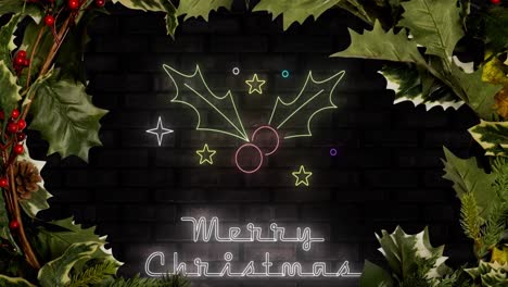 Animation-Des-Textes-„Frohe-Weihnachten“-über-Blättern-Und-Sternen