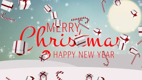 Animation-Des-Textes-„Frohe-Weihnachten-Und-Ein-Glückliches-Neues-Jahr“-über-Fallenden-Geschenken