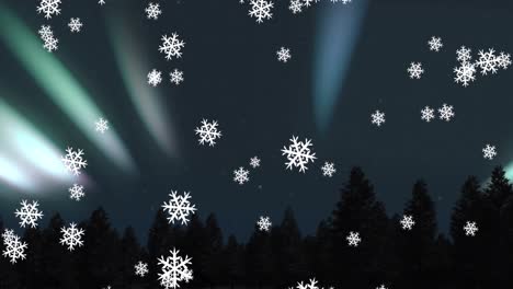 Animation-of-snow-falling-at-christmas-over-aurora-and-fir-trees