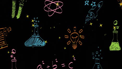 Animation-Von-Wissenschaftssymbolen-über-Sternen-Auf-Schwarzem-Hintergrund