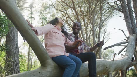 Smiling-diverse-couple-holding-hands-and-sitting-on-tree-in-countryside