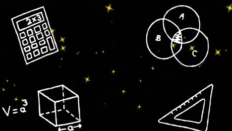 Animation-of-science-and-mathematics-icons-over-stars-on-black-background