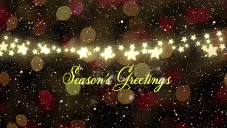 Animation-of-seasons-greetings-text-at-christmas-over-stars-and-snow-falling