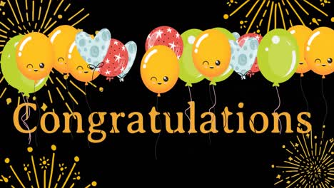 Animation-of-congratulations-text-over-balloons-and-fireworks-on-black-background