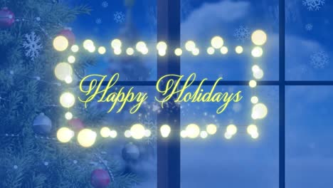 Animation-of-happy-holidays-text-over-christmas-tree-and-snow-falling