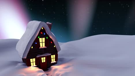Animation-of-house-at-christmas-over-aurora-and-winter-scenery