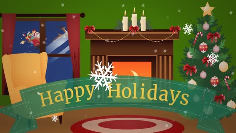 Animación-Del-Texto-De-Felices-Fiestas-Sobre-Una-Casa-Decorada-En-Navidad-Y-Nieve-Cayendo
