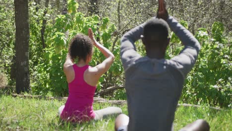 Vielfältiges-Paar,-Das-Yoga-Praktiziert-Und-Auf-Dem-Land-Meditiert