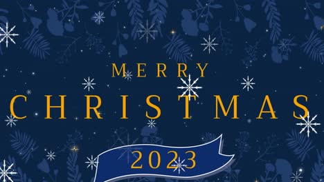 Animation-of-merry-christmas-text-over-leaves-and-snow-falling