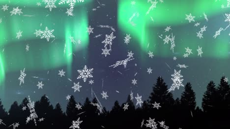 Animation-of-snow-falling-at-christmas-over-aurora-and-winter-scenery