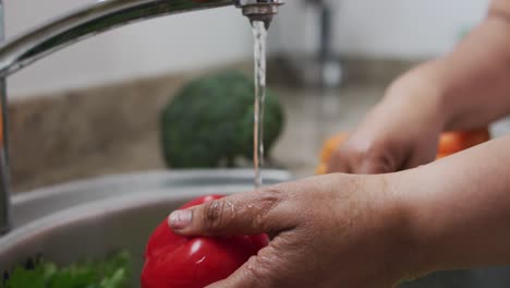 Midsection-of-african-american-senior-woman-in-kitchen-washing-peppers-under-tap-in-sink