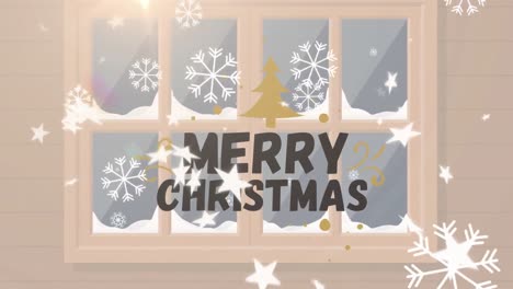 Animación-Del-Texto-De-Feliz-Navidad-Sobre-La-Nieve-Cayendo-Y-La-Ventana